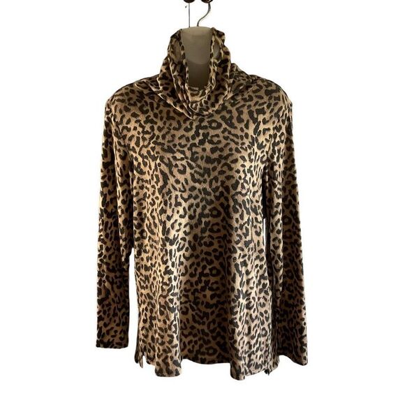 Bobeau Top Cowl Neck Built In Face Cover Black Tan Taupe Animal Print Small - Picture 11 of 11